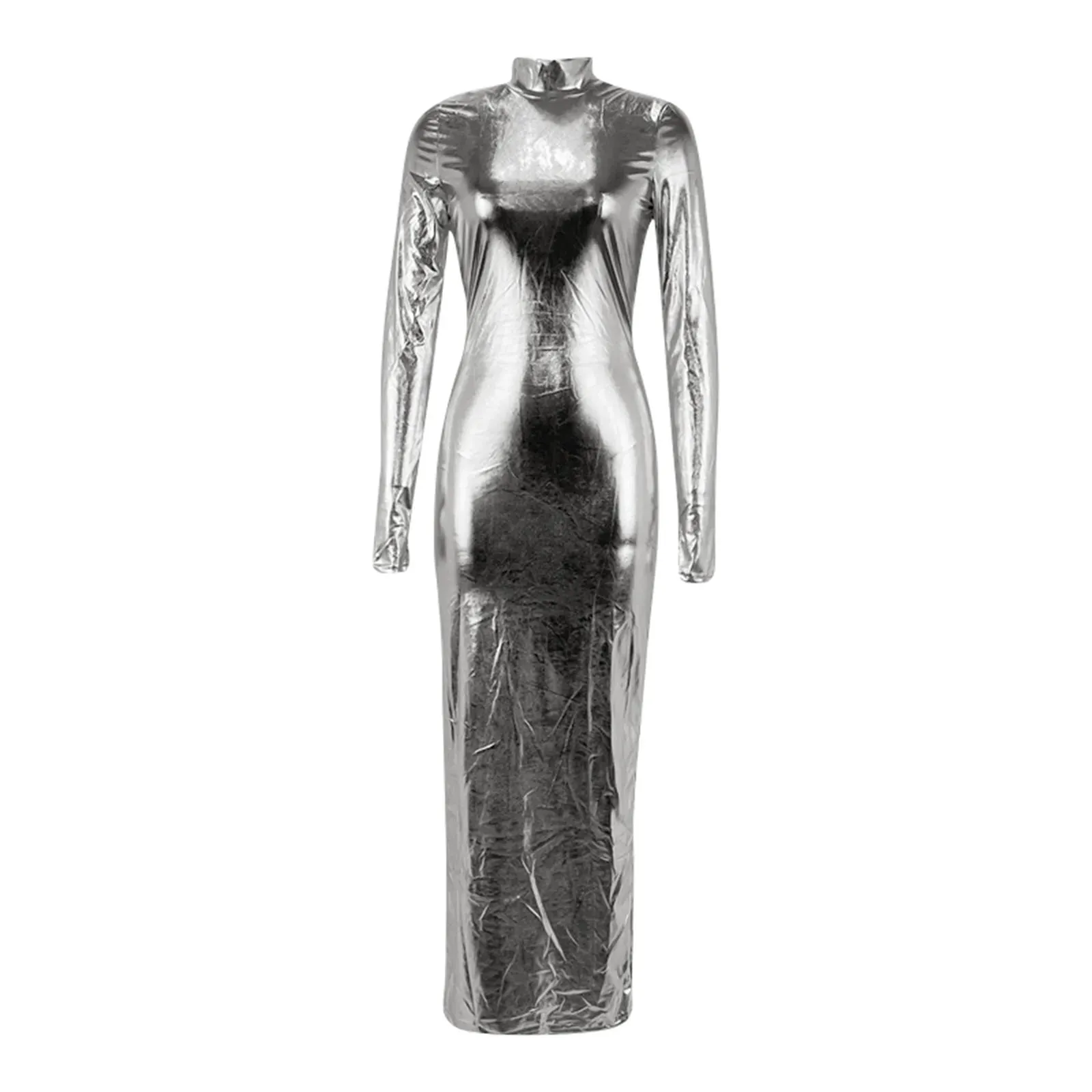 Elegant Bodycon Maxi Dress for Women – Sexy Hollow Out Backless Long Sleeve Shiny Gold Party Dress