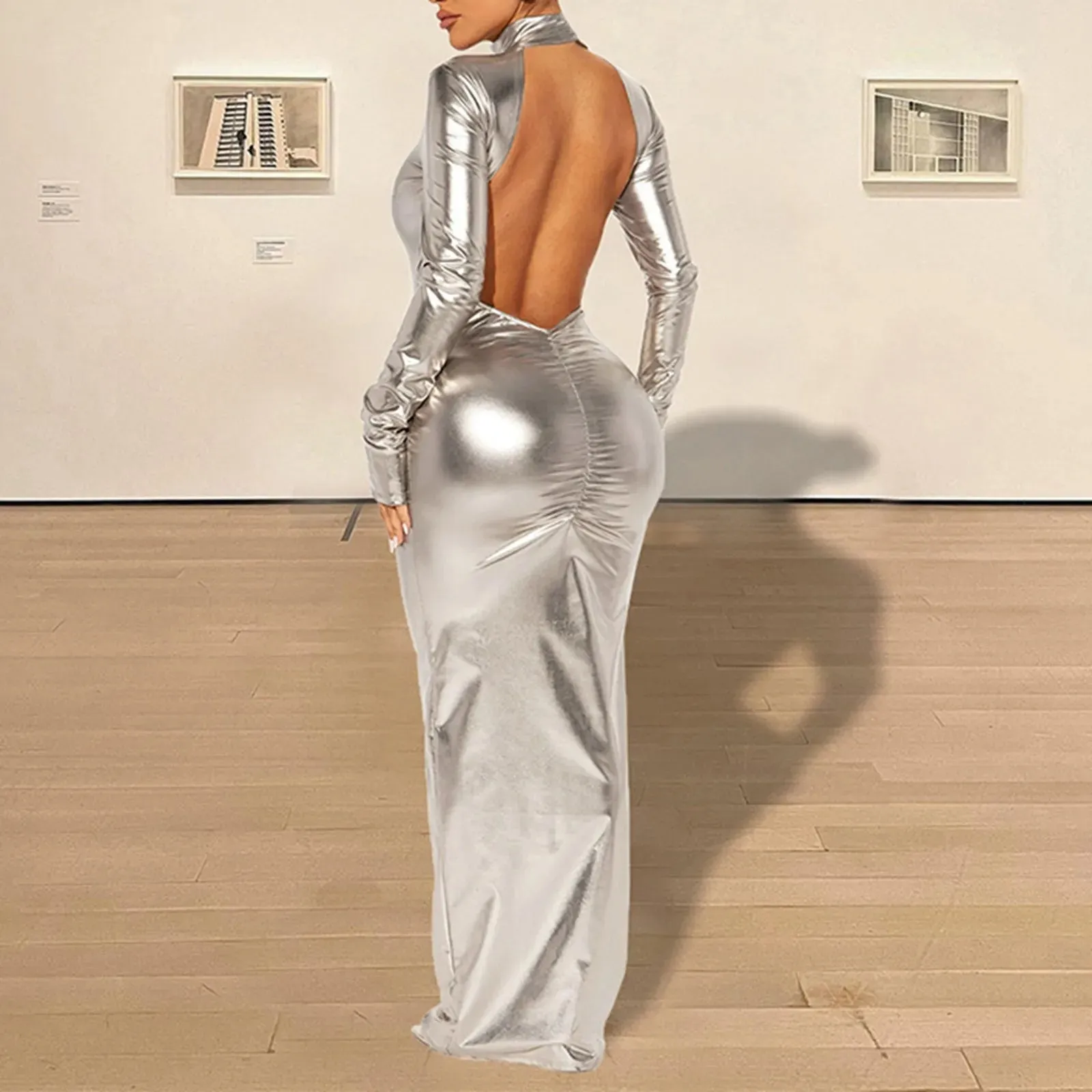 Elegant Bodycon Maxi Dress for Women – Sexy Hollow Out Backless Long Sleeve Shiny Gold Party Dress