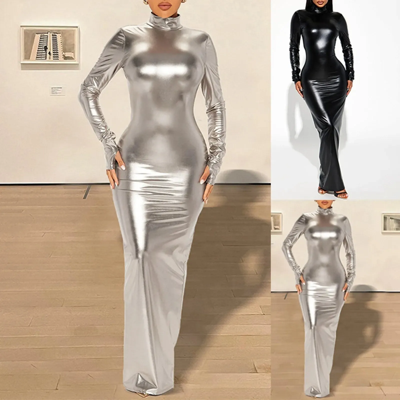 Elegant Bodycon Maxi Dress for Women – Sexy Hollow Out Backless Long Sleeve Shiny Gold Party Dress
