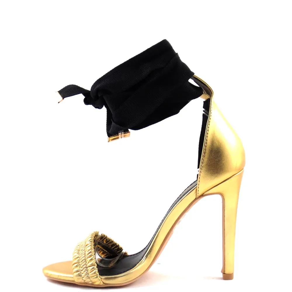 Elegant Collection Open Toe Pleated Band Lace Ankle Strap High Heels - Queenie