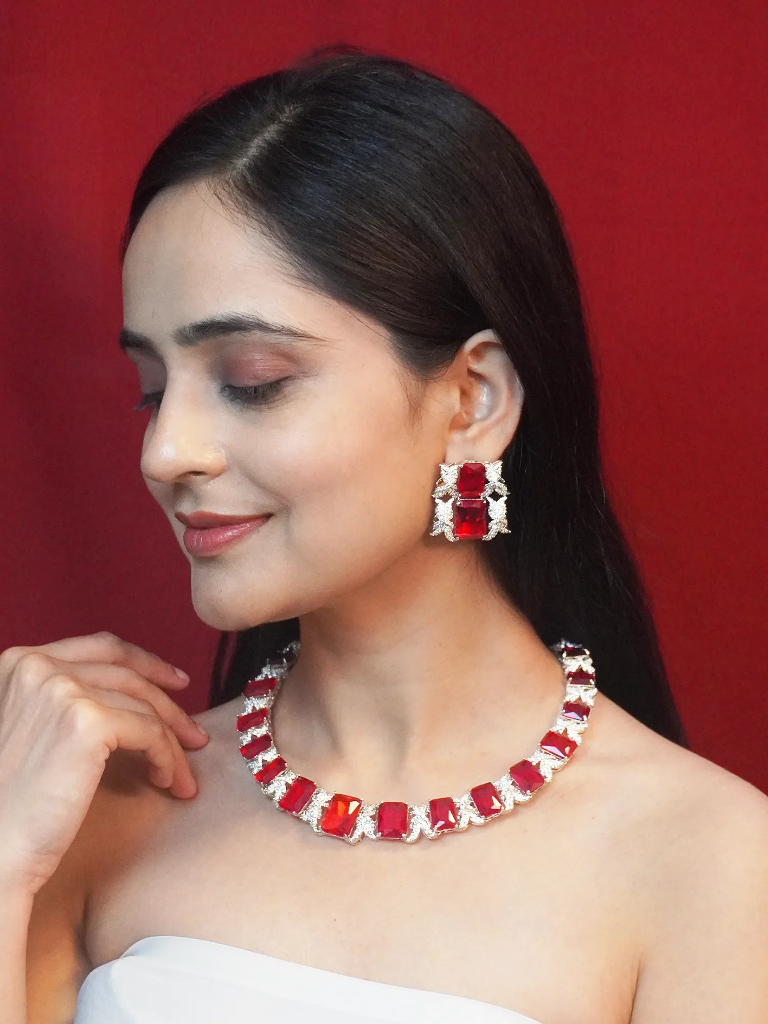 Elegant Red and White American Diamond Necklace and Earrings Set