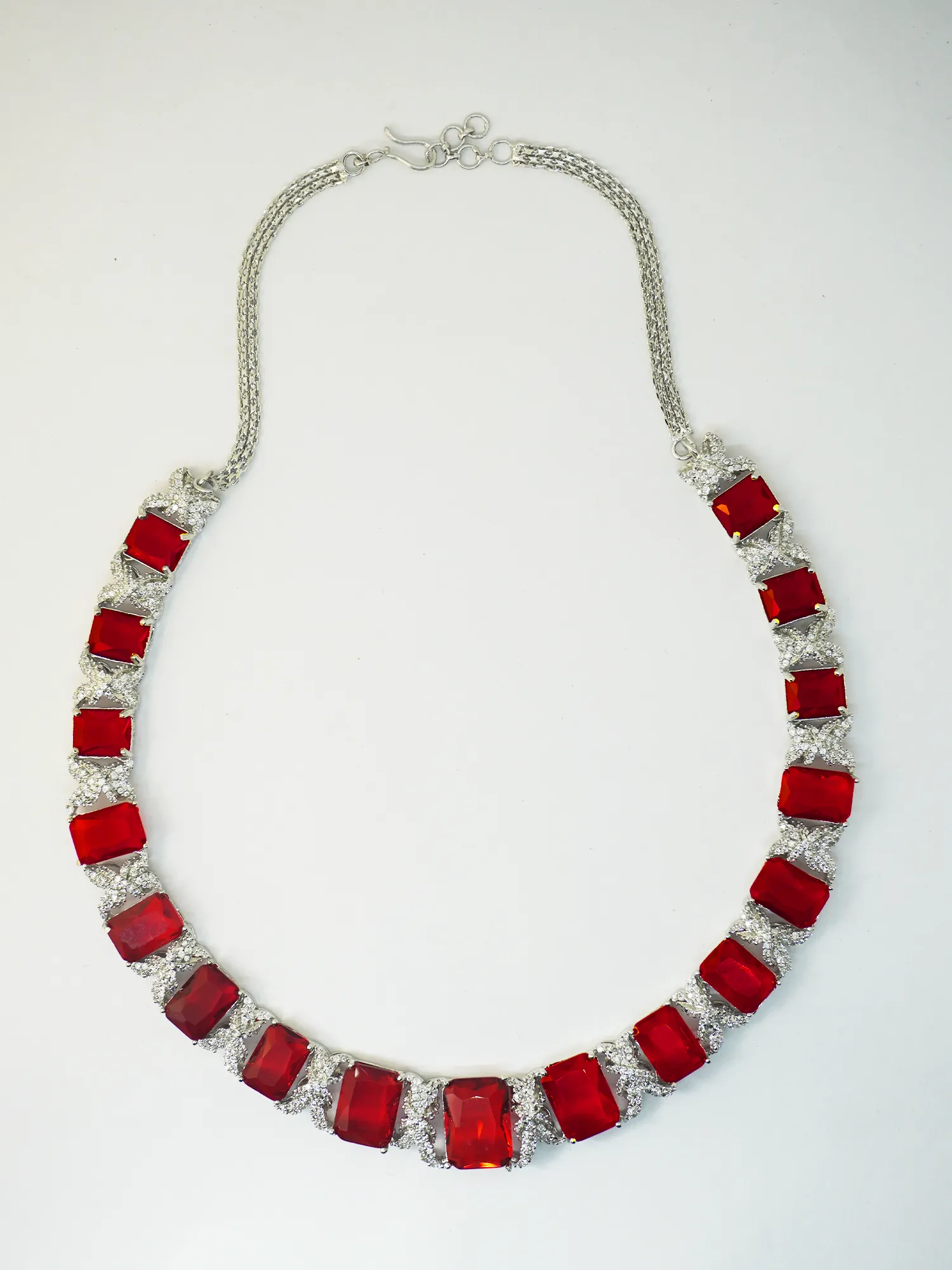 Elegant Red and White American Diamond Necklace and Earrings Set