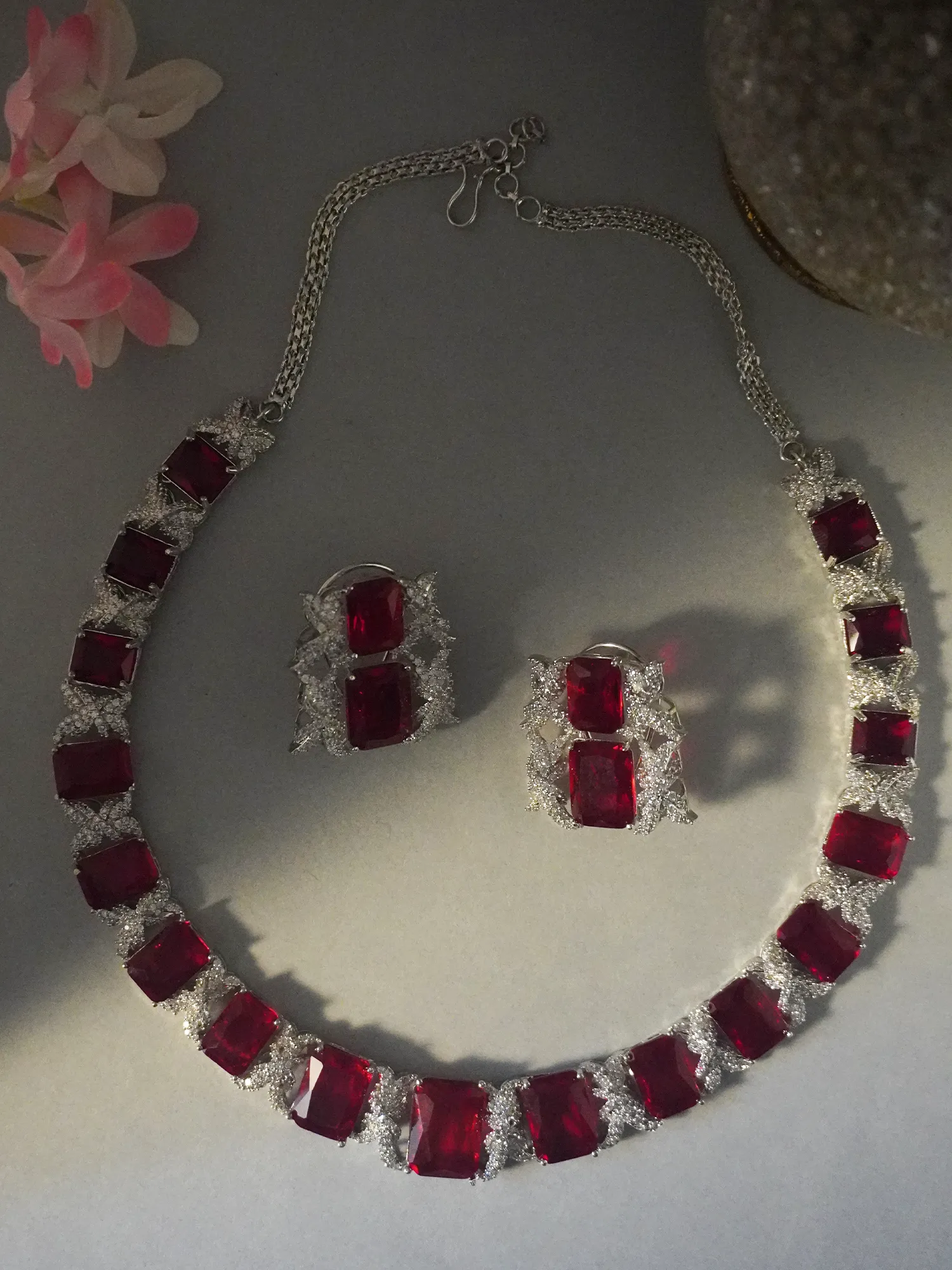 Elegant Red and White American Diamond Necklace and Earrings Set