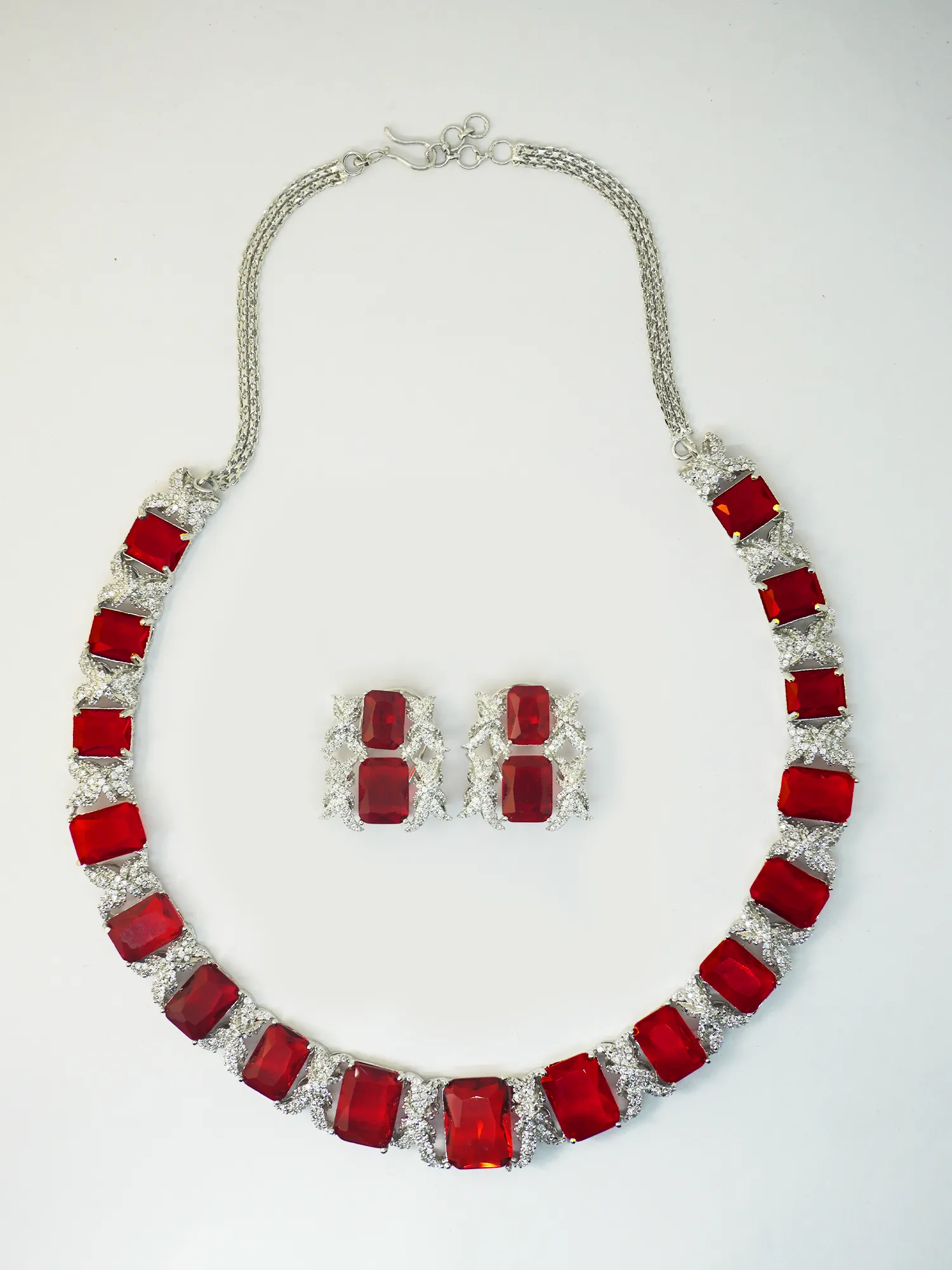 Elegant Red and White American Diamond Necklace and Earrings Set