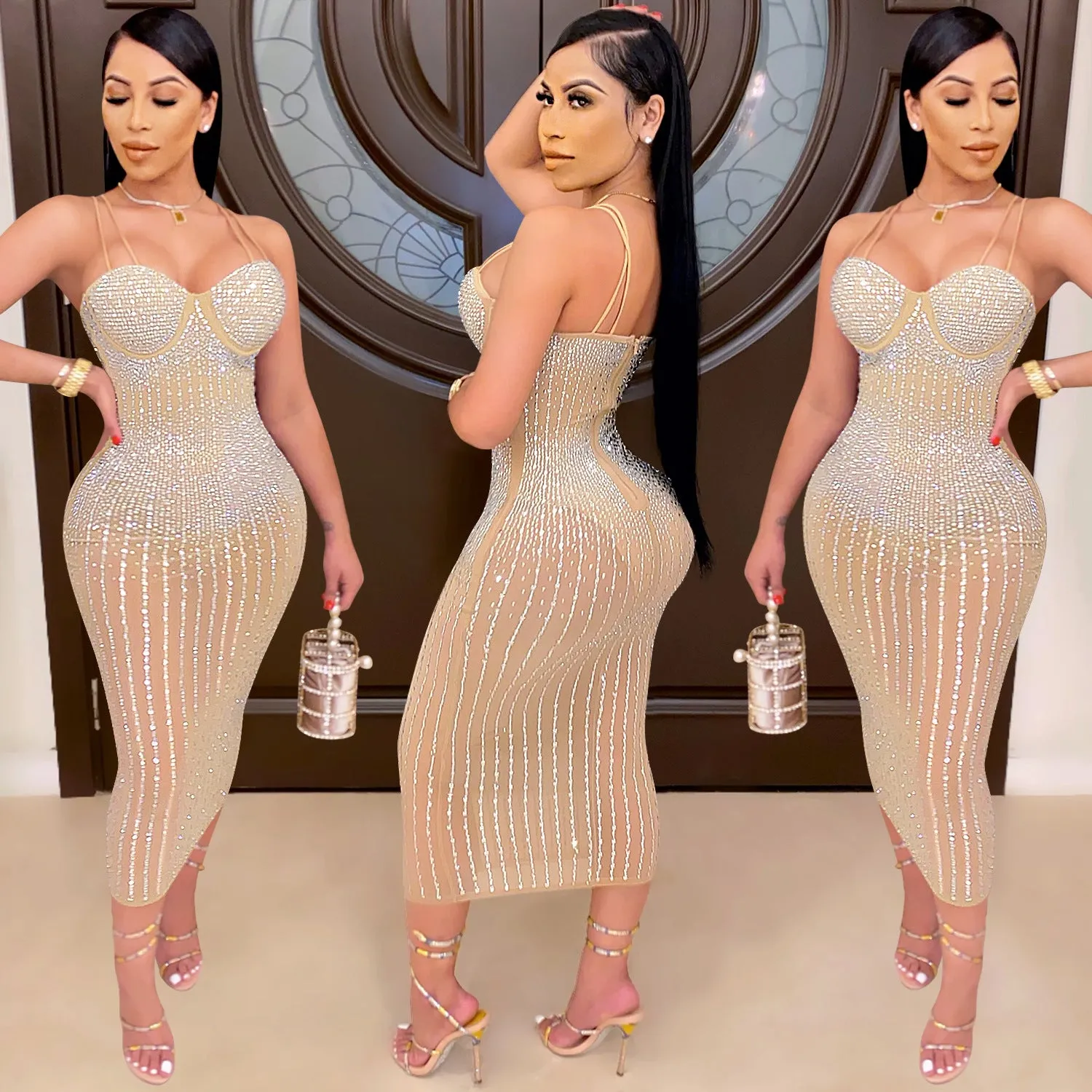 Elegant Sheer Mesh Party Sparkly Dress with Hotfix and Rhinestone Embellishments