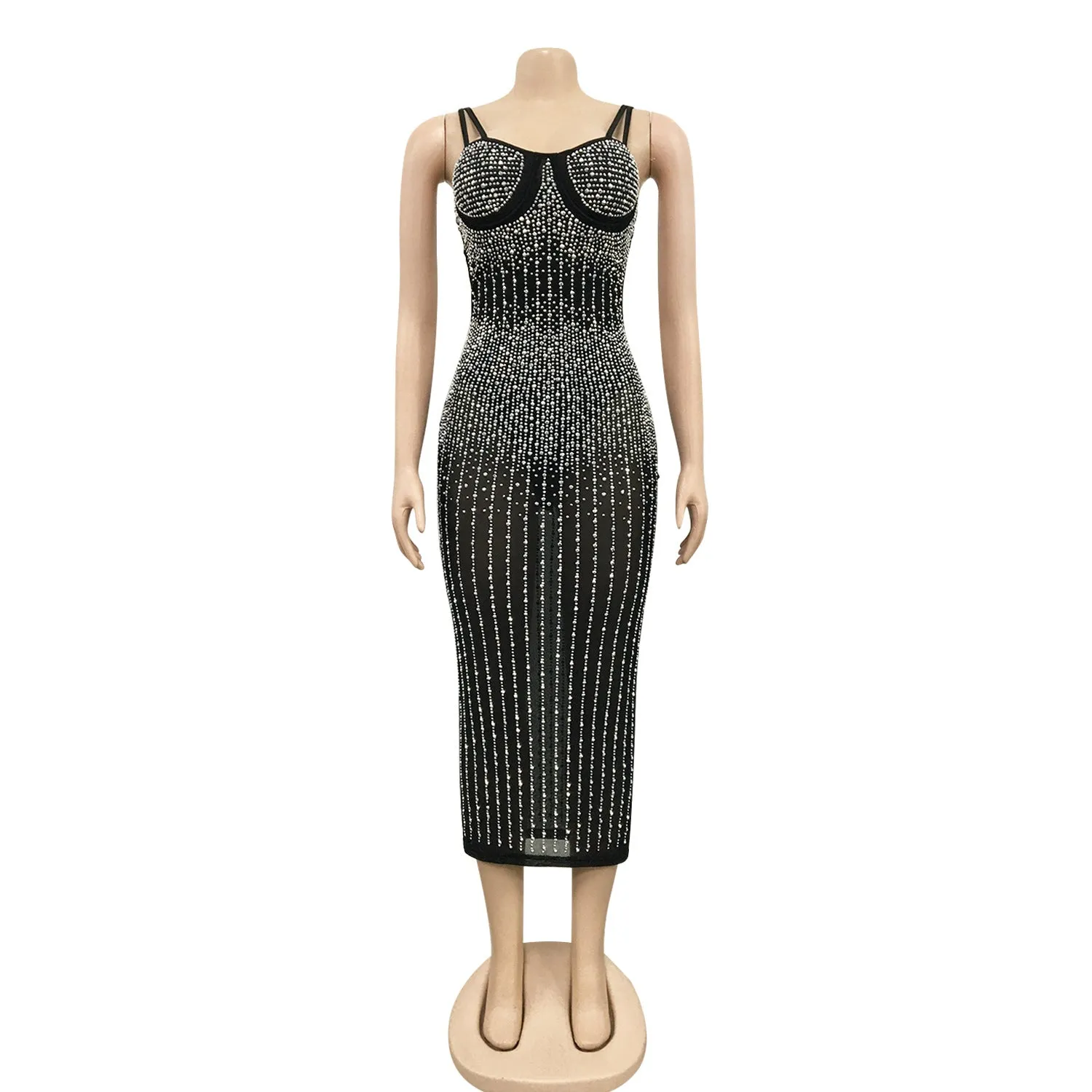 Elegant Sheer Mesh Party Sparkly Dress with Hotfix and Rhinestone Embellishments