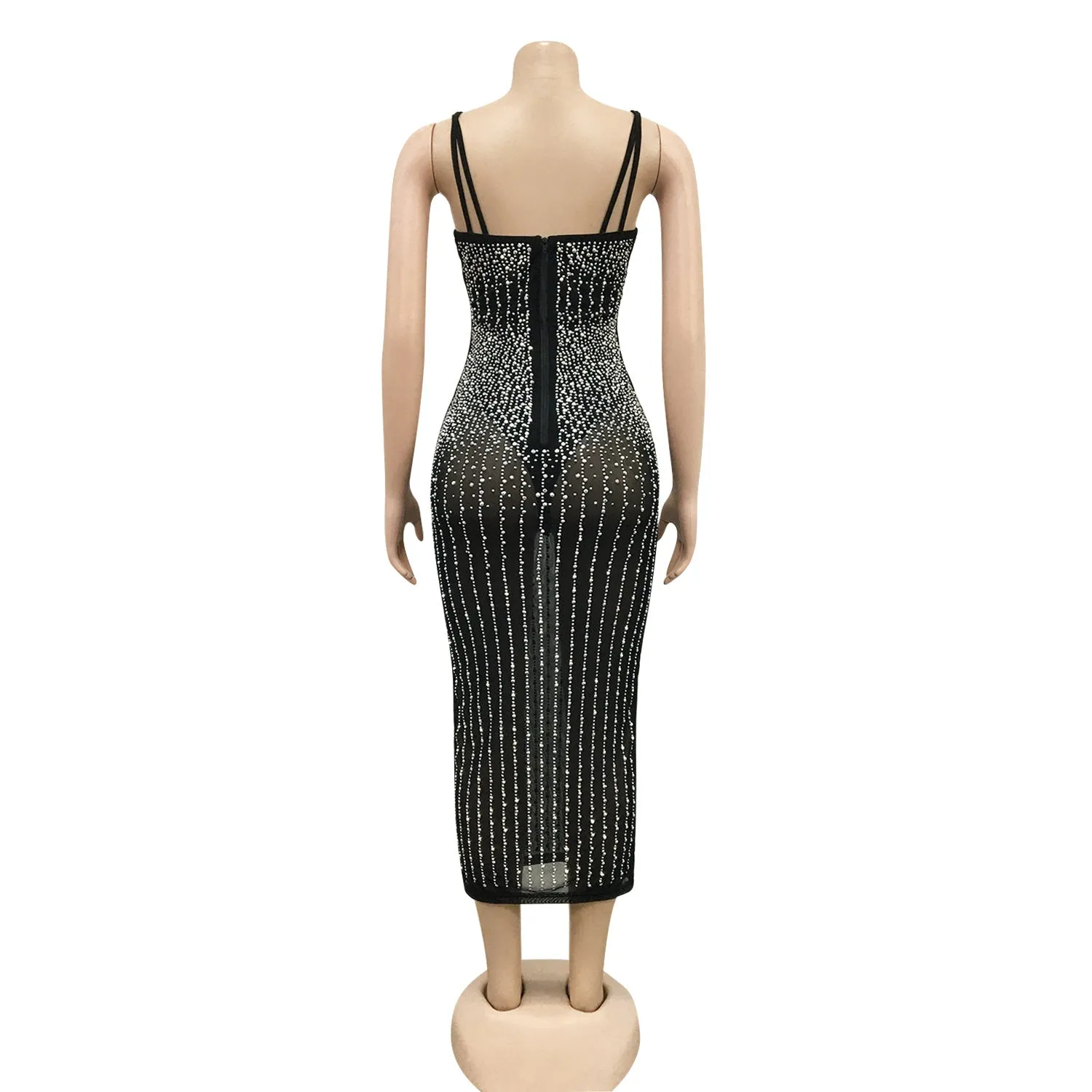 Elegant Sheer Mesh Party Sparkly Dress with Hotfix and Rhinestone Embellishments