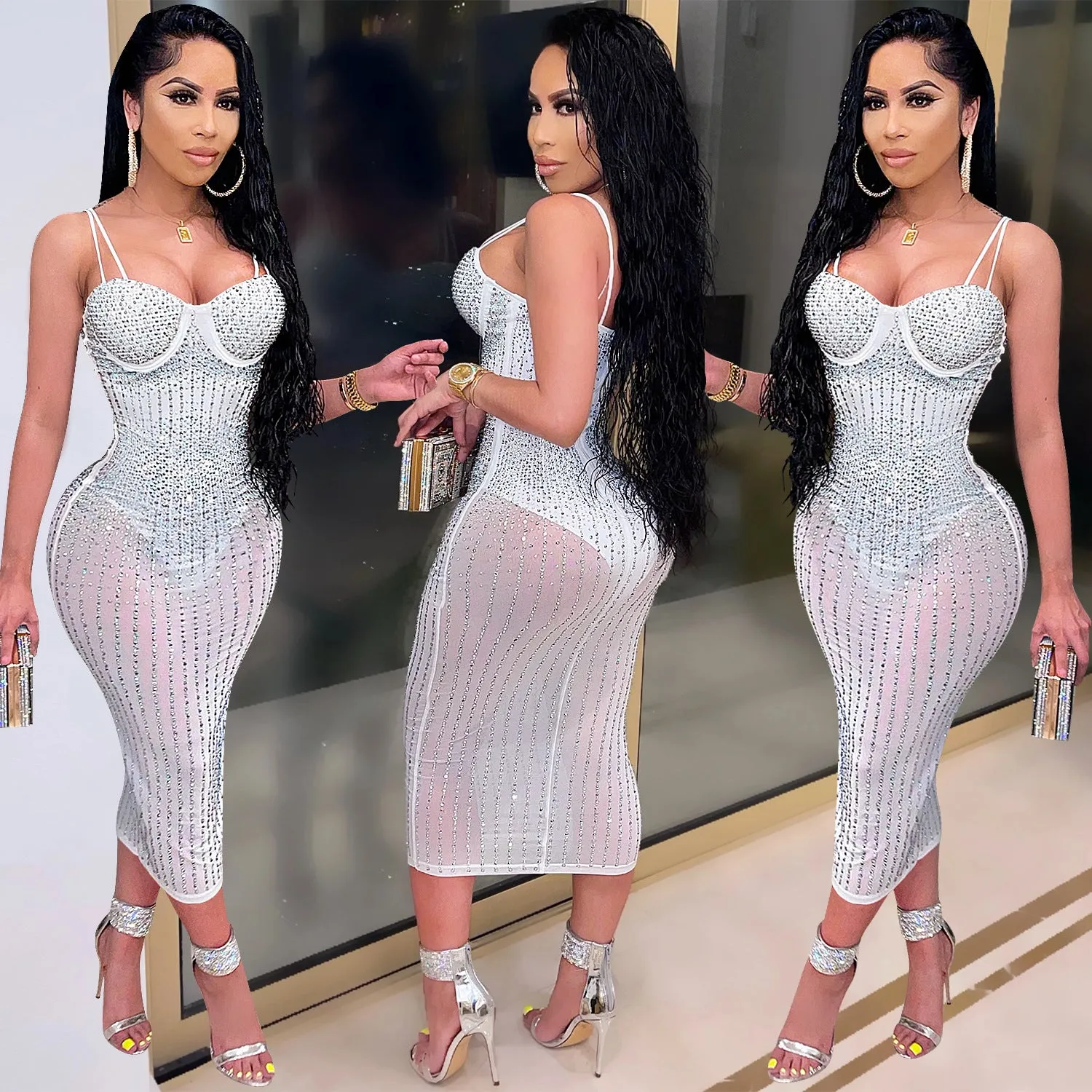 Elegant Sheer Mesh Party Sparkly Dress with Hotfix and Rhinestone Embellishments
