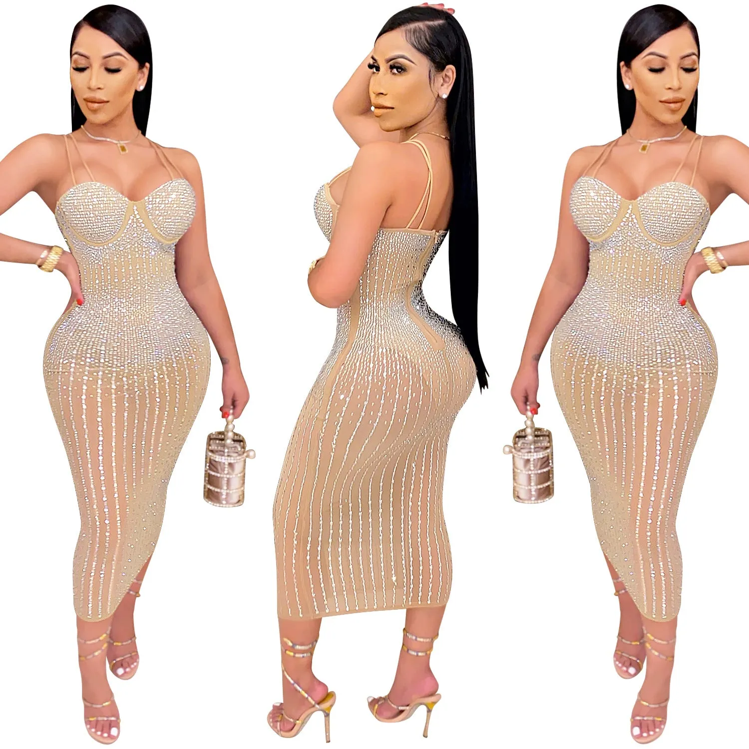 Elegant Sheer Mesh Party Sparkly Dress with Hotfix and Rhinestone Embellishments