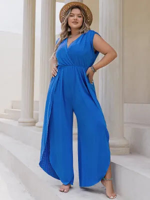 Elegant Sophistication: Plus Size Slit Eyelet Surplice Cap Sleeve Jumpsuit