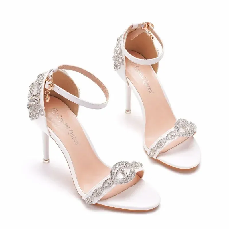 Elegant Summer High Heel Sandals for Women – 9cm Thin Heel Rhinestone Pumps, PU Leather Wedding Shoes, Japanese Style in White