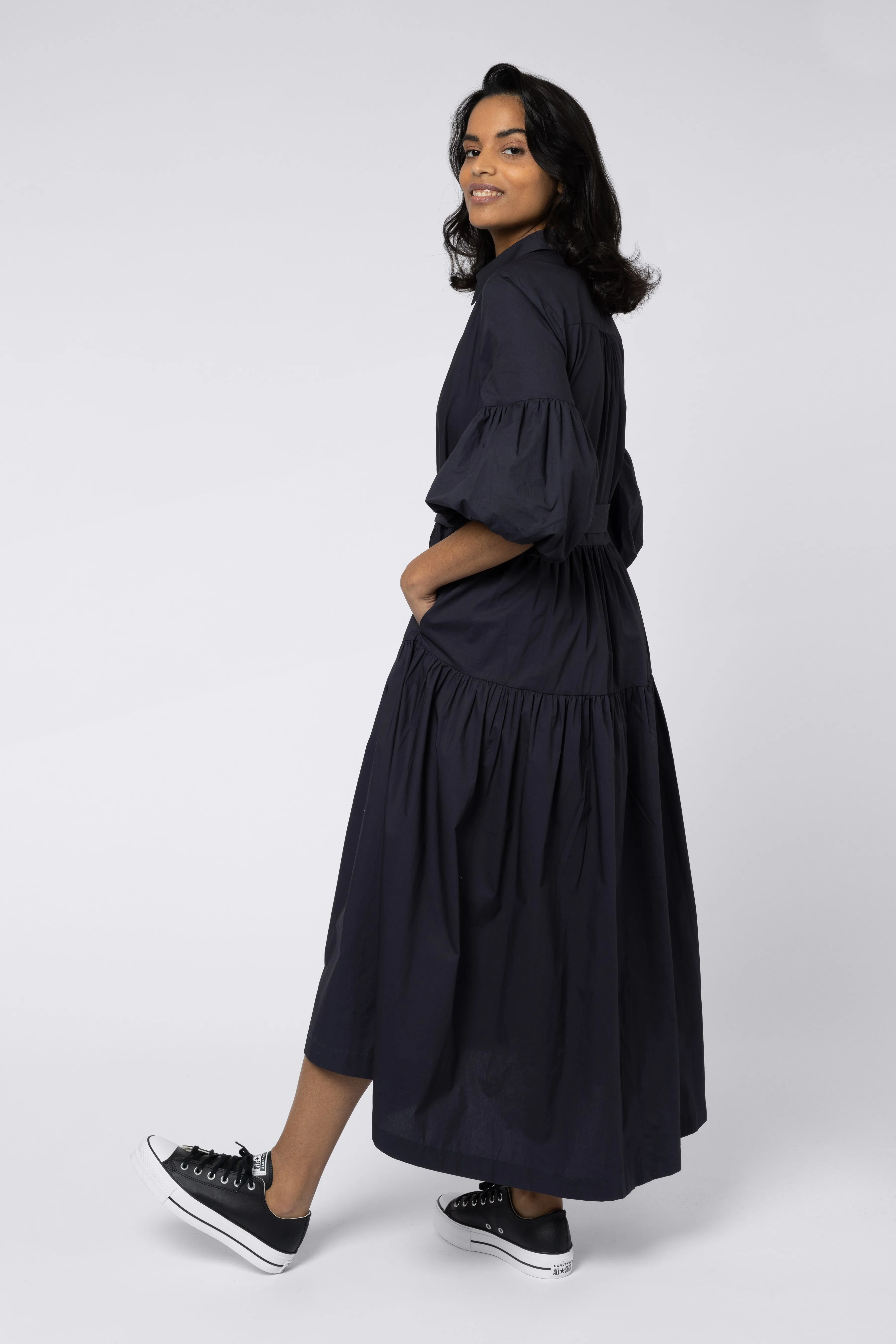 Elise Balloon Sleeve Dress (Washed Black)
