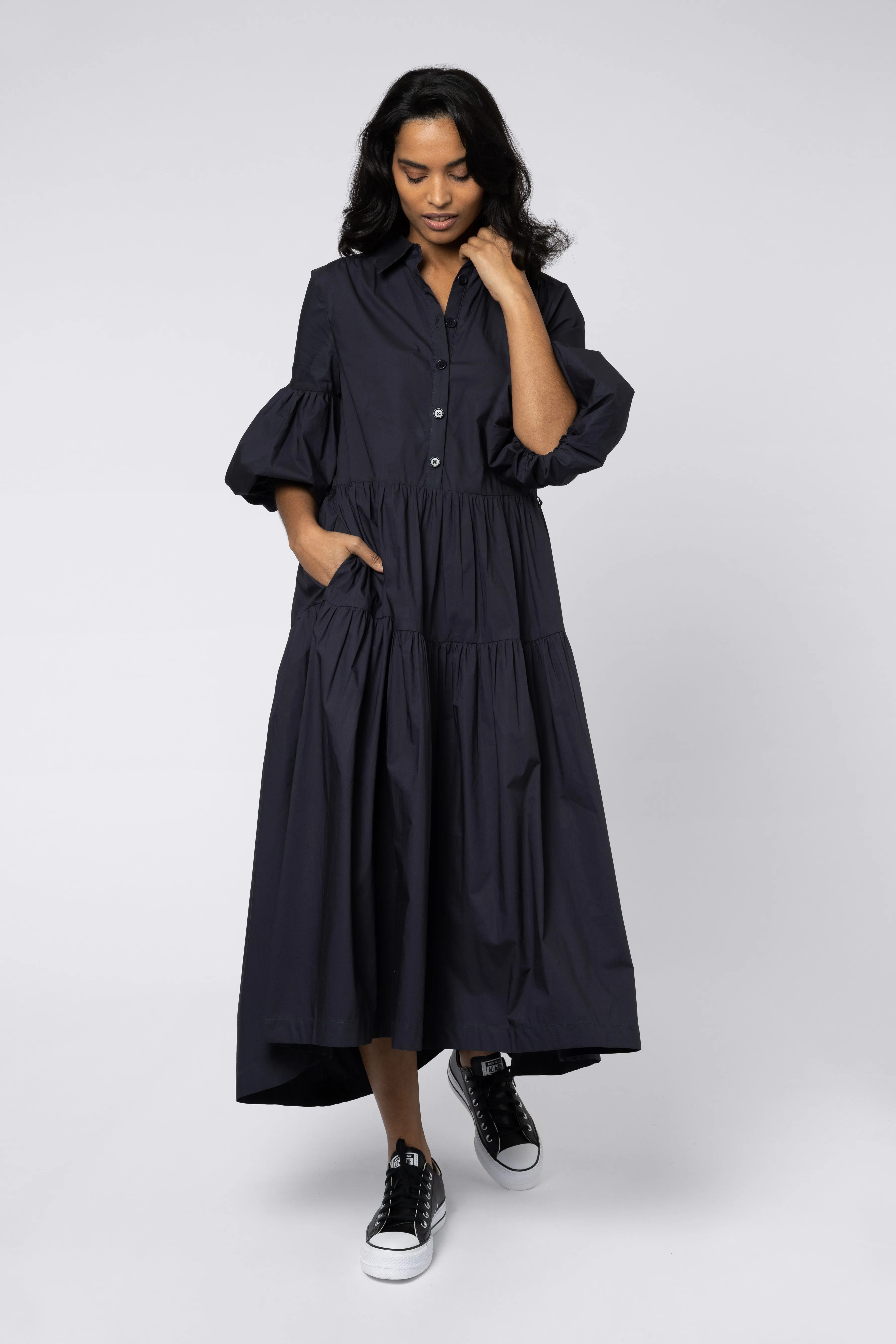 Elise Balloon Sleeve Dress (Washed Black)