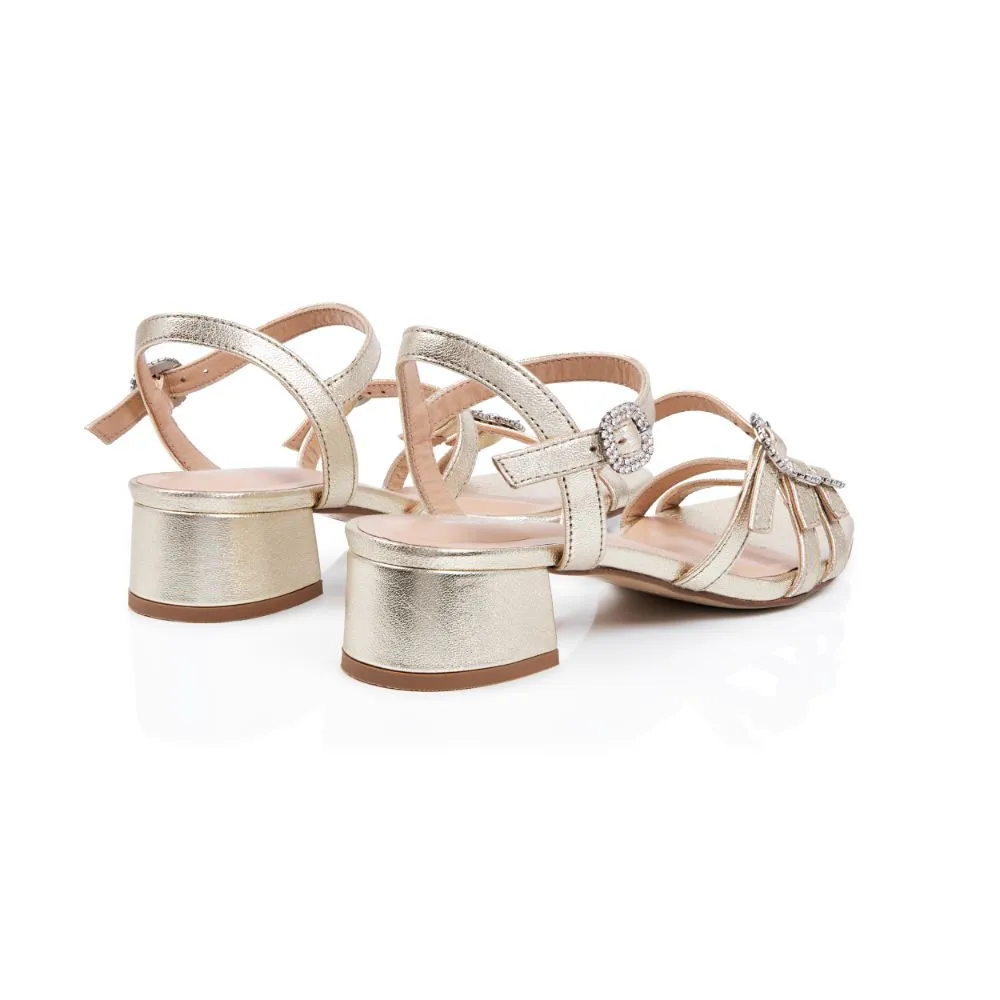 Emilia: Gold Metallic Low Block Heel Sandals