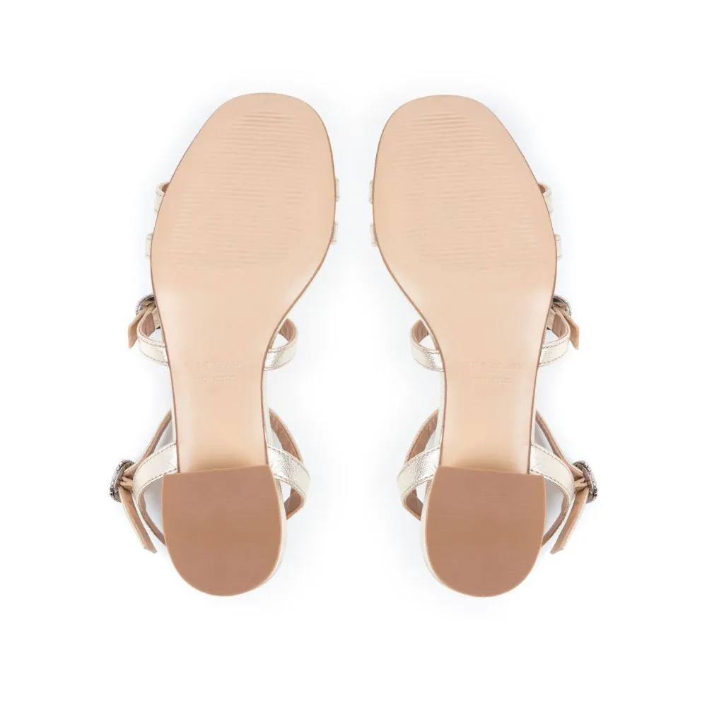 Emilia: Gold Metallic Low Block Heel Sandals