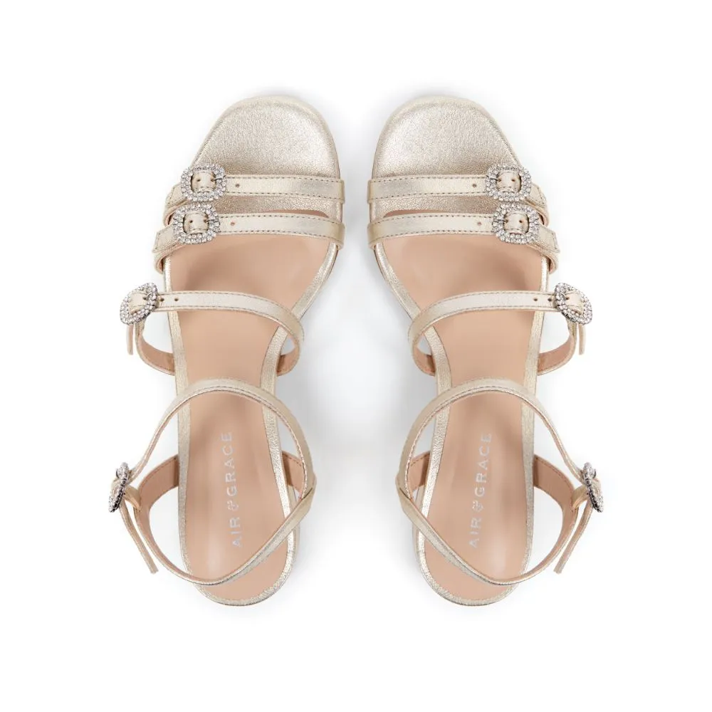 Emilia: Gold Metallic Low Block Heel Sandals
