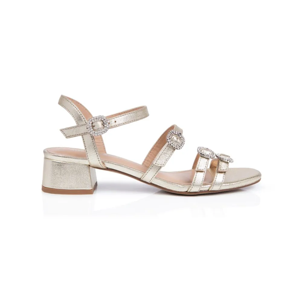 Emilia: Gold Metallic Low Block Heel Sandals