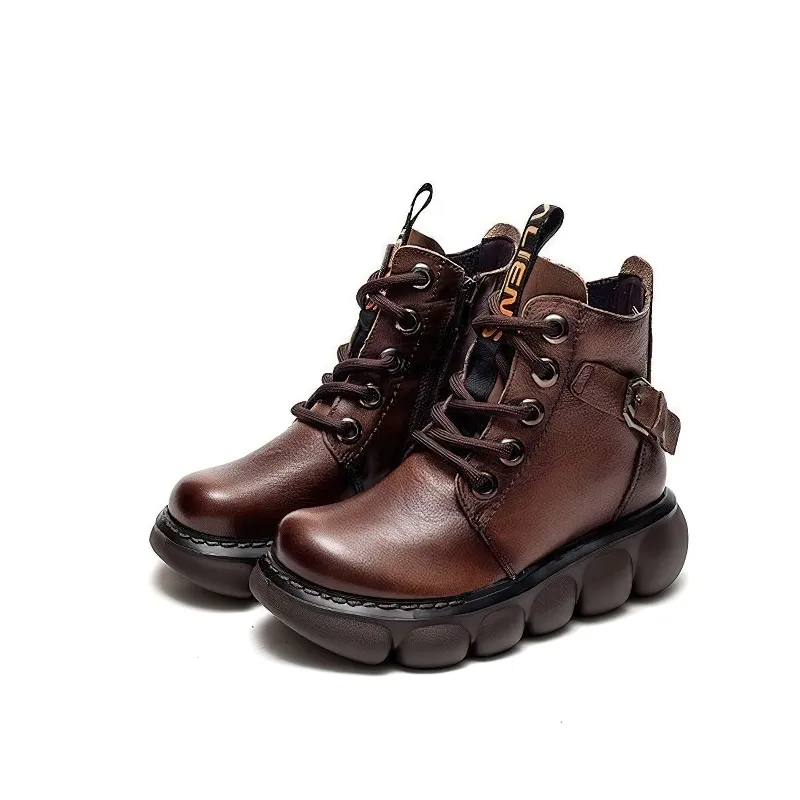 Fashion Ladies Genuine Leather Ankle Boots / Casual Round Toe Shoes on Thick Platforms