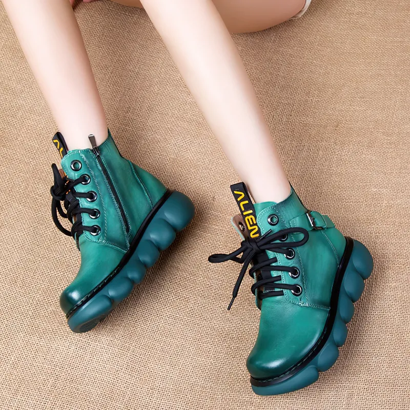 Fashion Ladies Genuine Leather Ankle Boots / Casual Round Toe Shoes on Thick Platforms