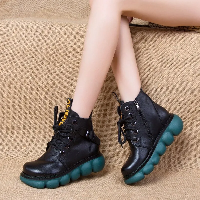 Fashion Ladies Genuine Leather Ankle Boots / Casual Round Toe Shoes on Thick Platforms