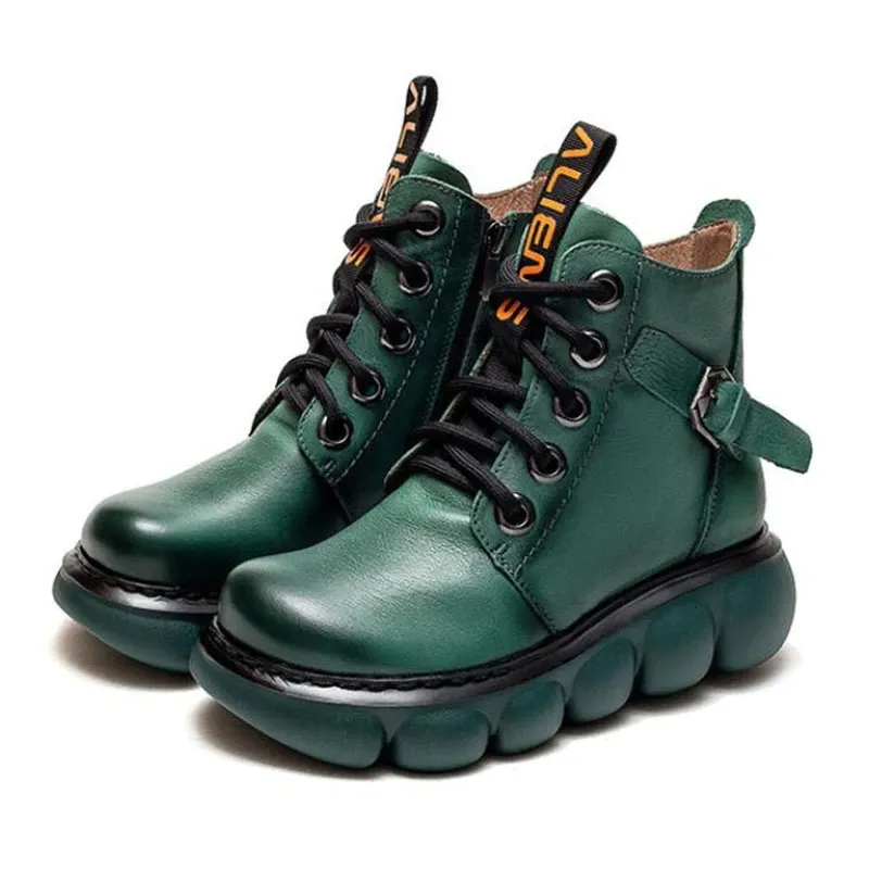 Fashion Ladies Genuine Leather Ankle Boots / Casual Round Toe Shoes on Thick Platforms