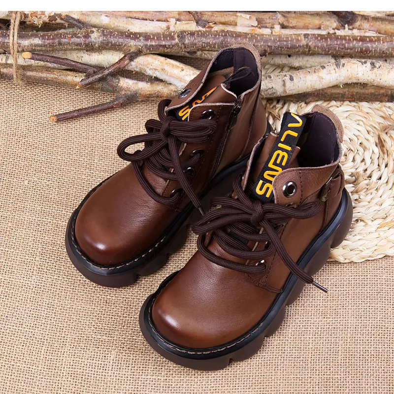 Fashion Ladies Genuine Leather Ankle Boots / Casual Round Toe Shoes on Thick Platforms