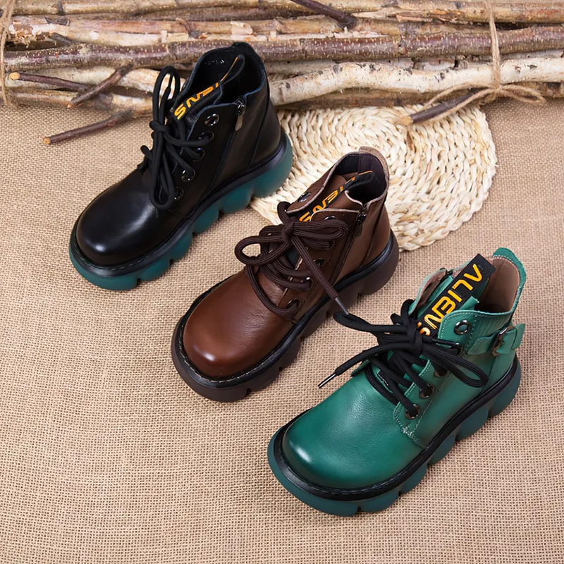 Fashion Ladies Genuine Leather Ankle Boots / Casual Round Toe Shoes on Thick Platforms