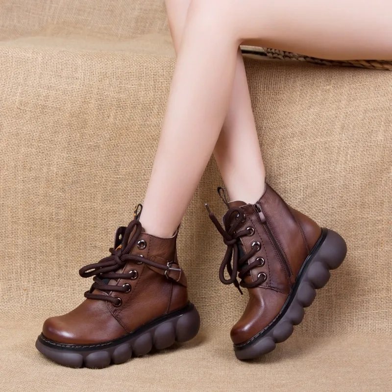 Fashion Ladies Genuine Leather Ankle Boots / Casual Round Toe Shoes on Thick Platforms