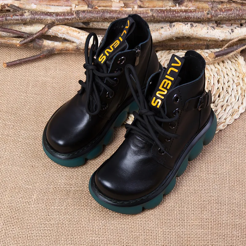 Fashion Ladies Genuine Leather Ankle Boots / Casual Round Toe Shoes on Thick Platforms