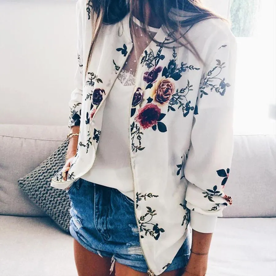 Fashion Printed Varsity Round Neck Zipper Long Sleeve Coat | Brodtica.com