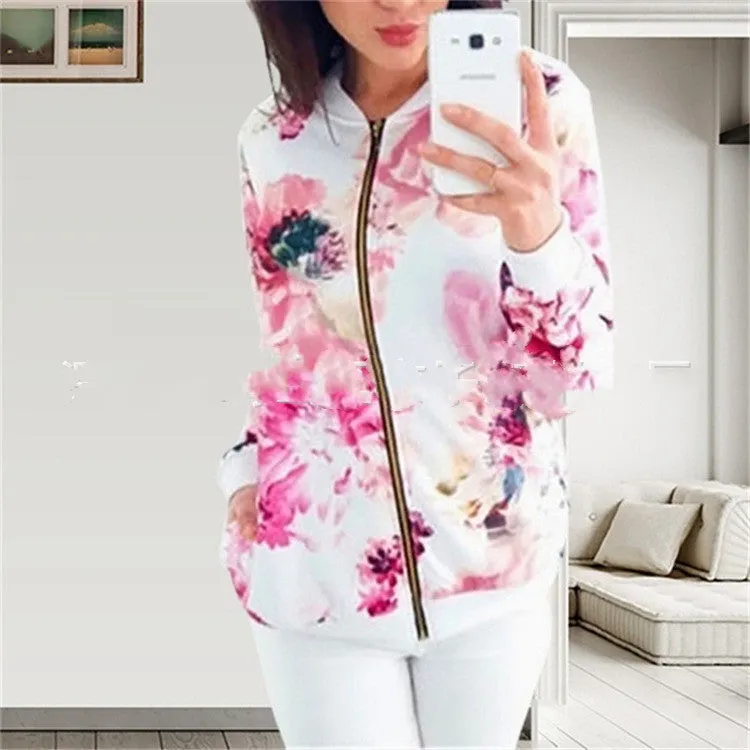 Fashion Printed Varsity Round Neck Zipper Long Sleeve Coat | Brodtica.com