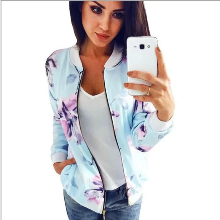Fashion Printed Varsity Round Neck Zipper Long Sleeve Coat | Brodtica.com