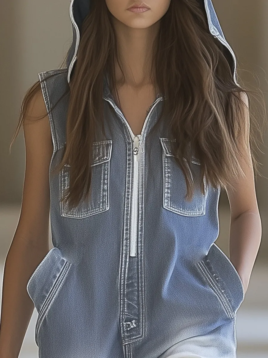 Fashionable Personality Gradient Denim Hooded Sleeveless Jumpsuit