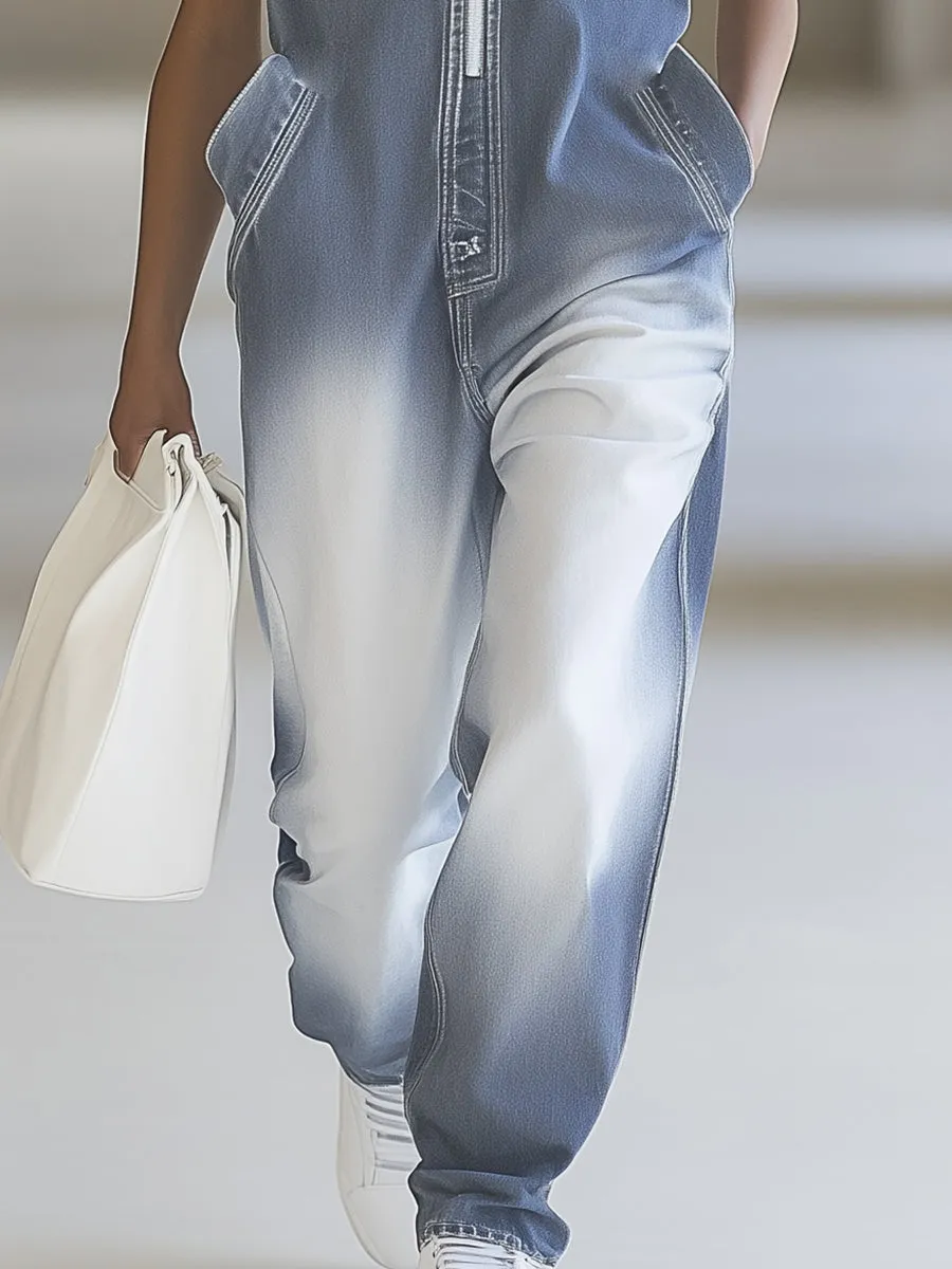 Fashionable Personality Gradient Denim Hooded Sleeveless Jumpsuit