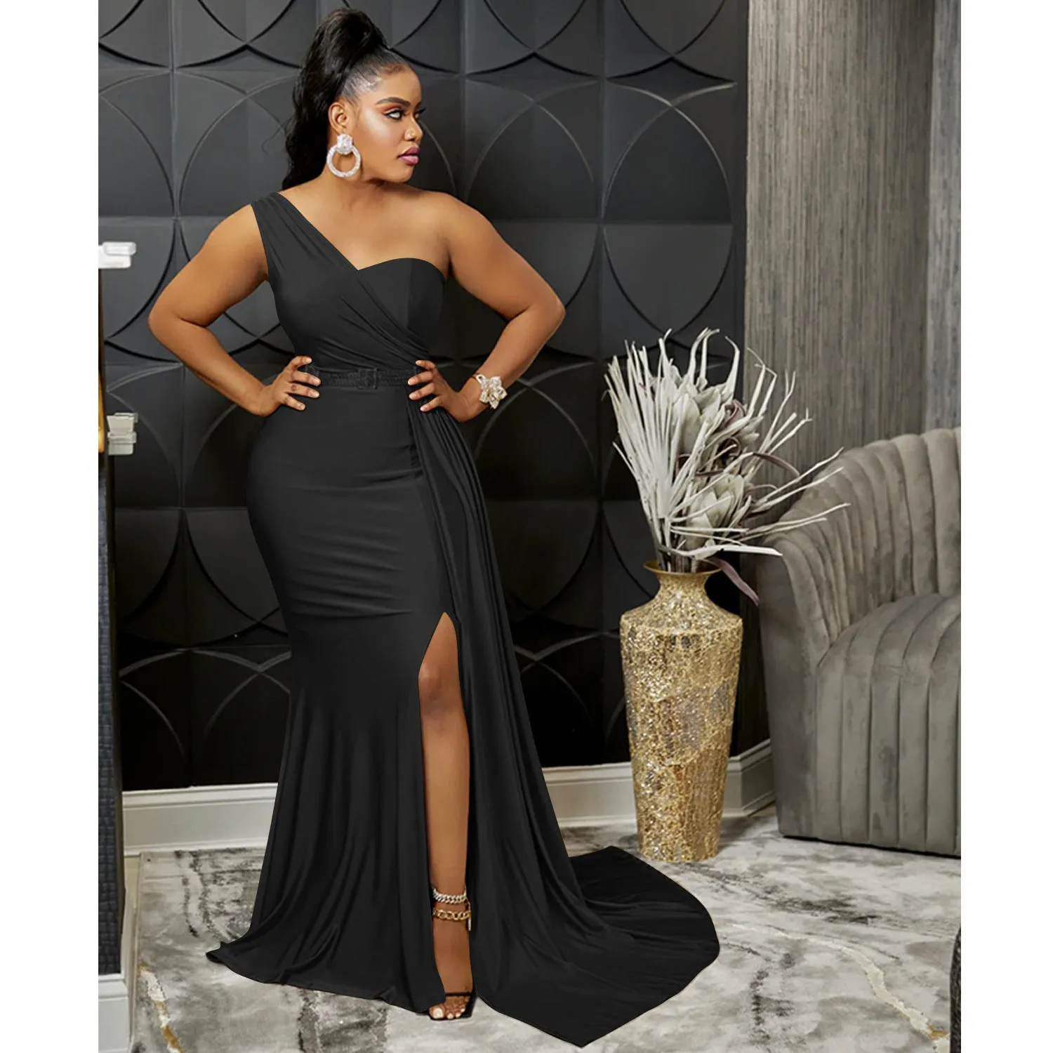 Fashionable Solid Color Party Bodycon One-Shoulder Sleeve Maxi Sparkly Dress