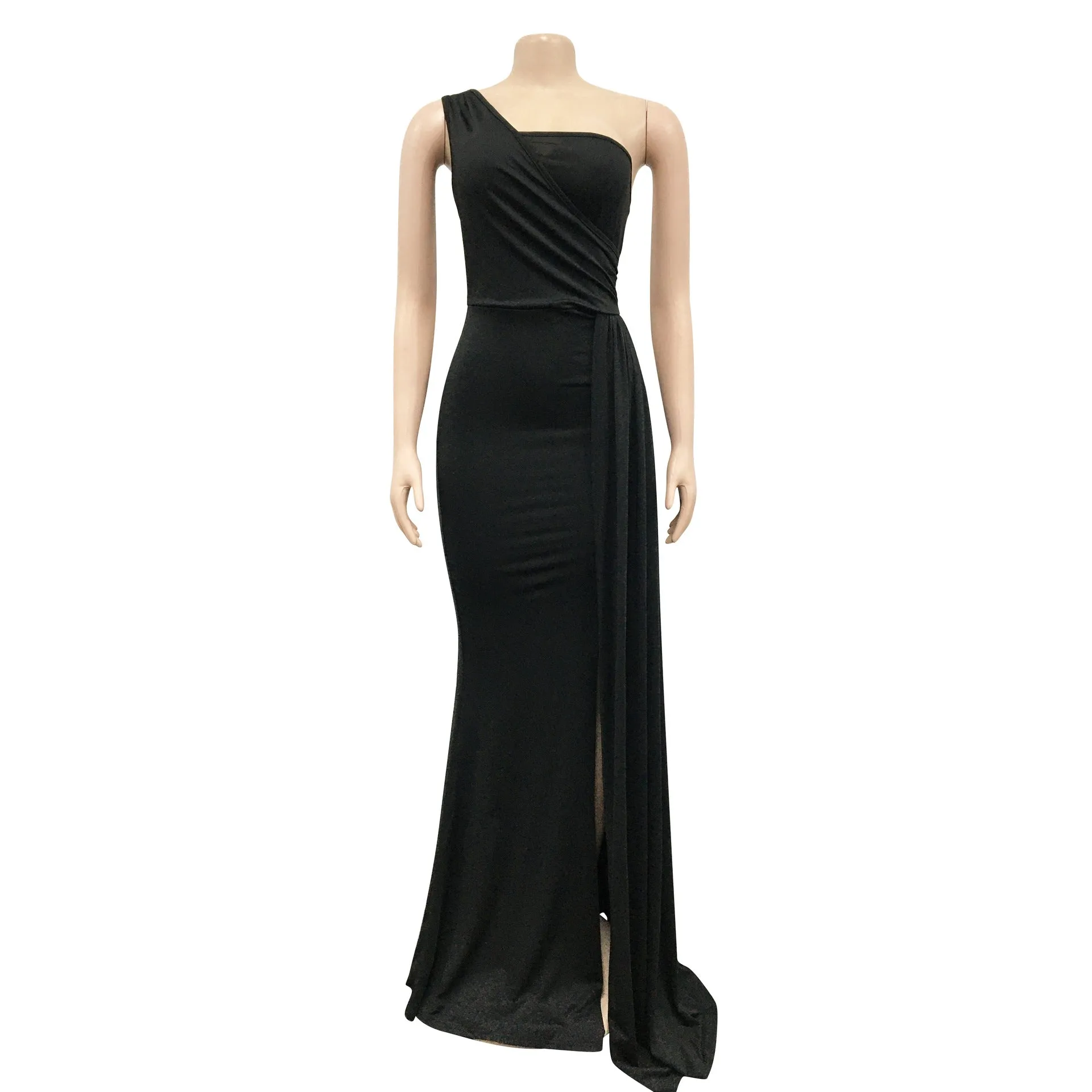 Fashionable Solid Color Party Bodycon One-Shoulder Sleeve Maxi Sparkly Dress