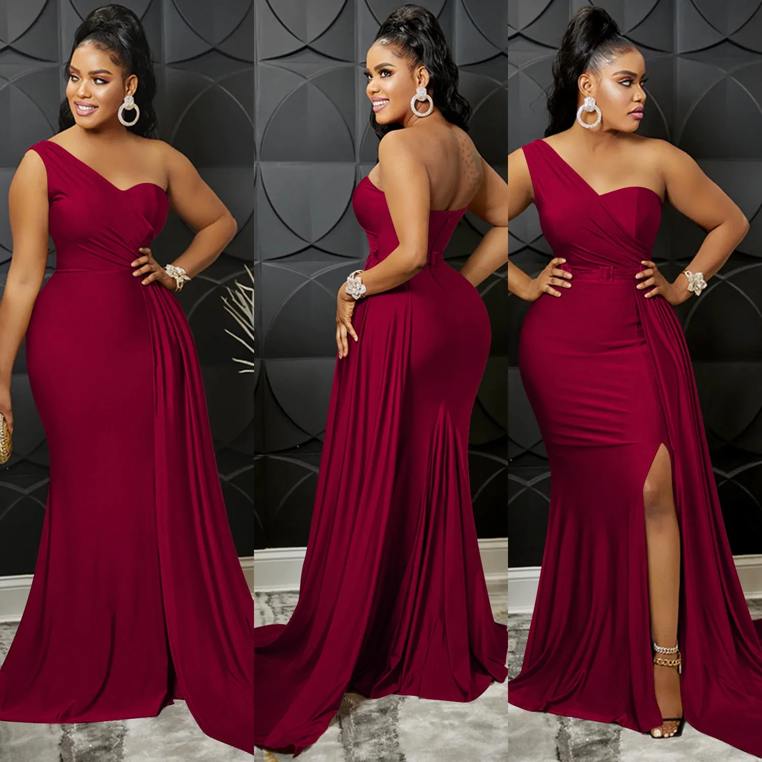 Fashionable Solid Color Party Bodycon One-Shoulder Sleeve Maxi Sparkly Dress