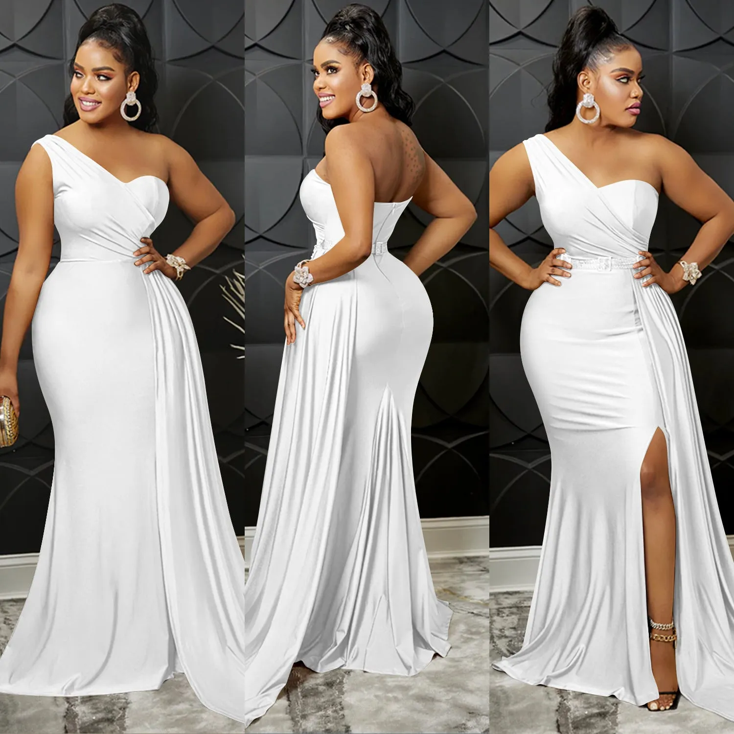 Fashionable Solid Color Party Bodycon One-Shoulder Sleeve Maxi Sparkly Dress