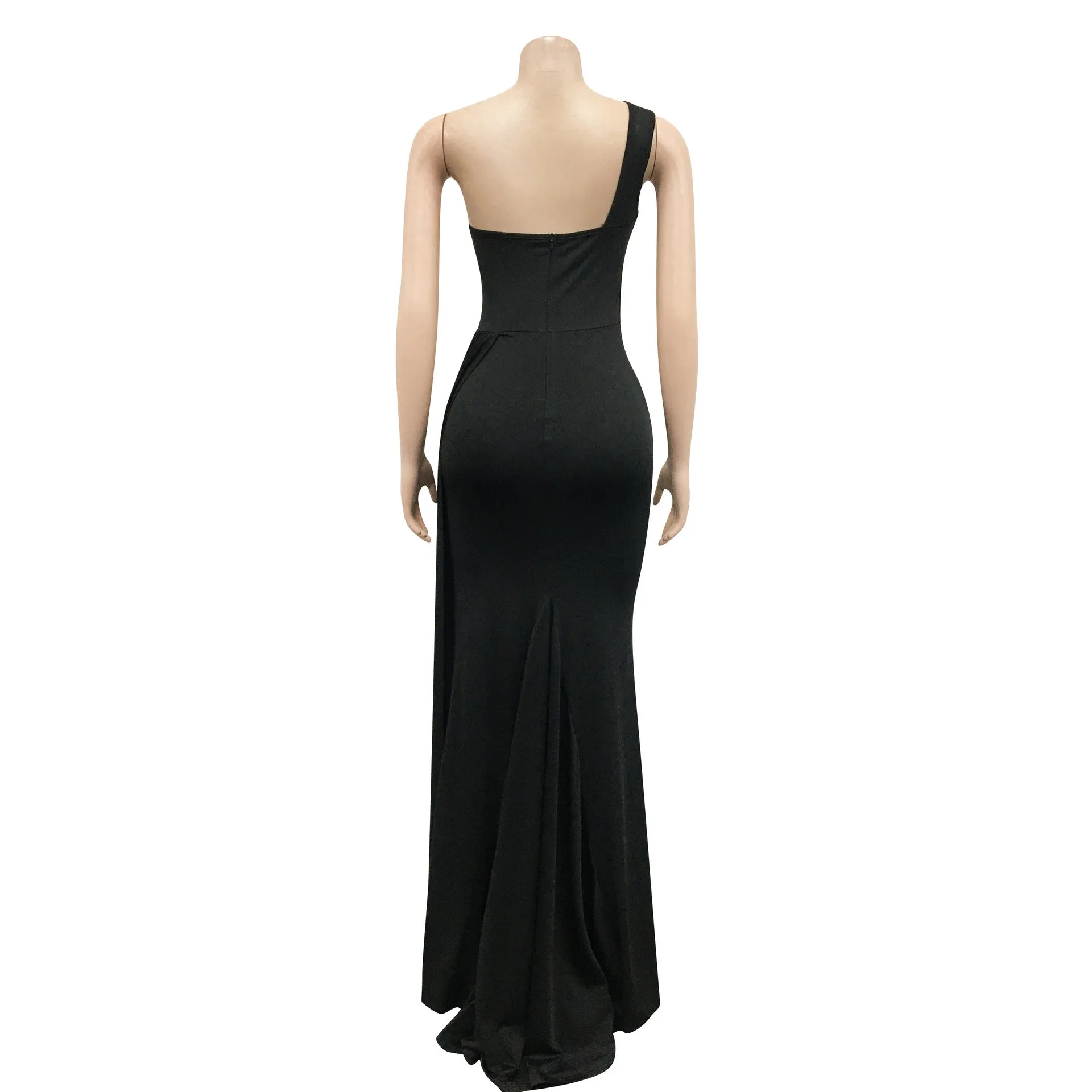 Fashionable Solid Color Party Bodycon One-Shoulder Sleeve Maxi Sparkly Dress