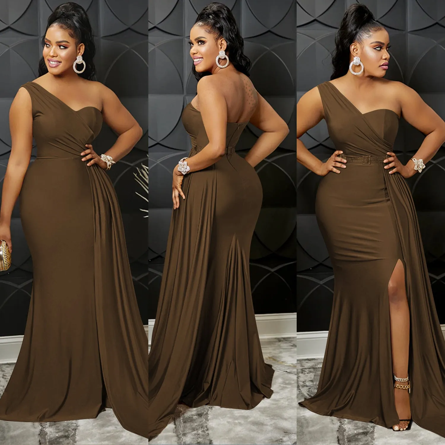 Fashionable Solid Color Party Bodycon One-Shoulder Sleeve Maxi Sparkly Dress