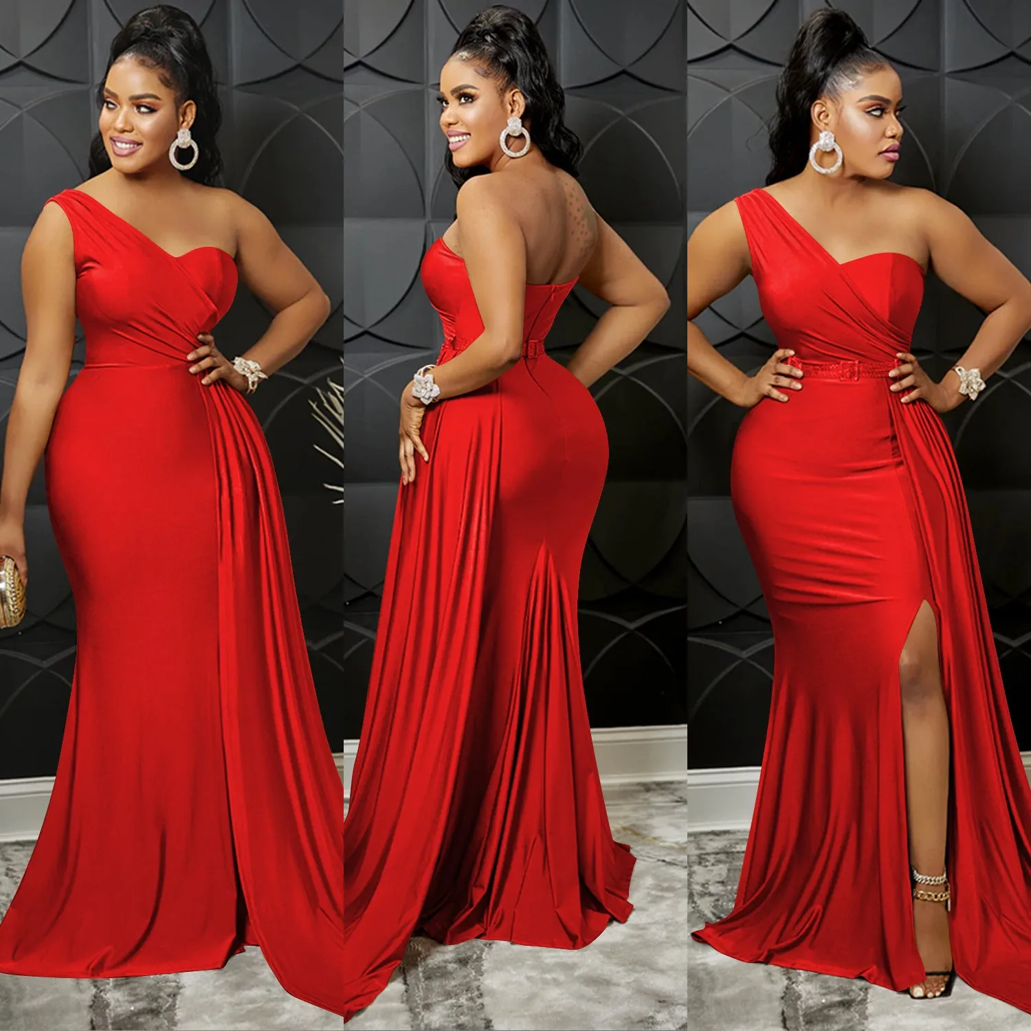 Fashionable Solid Color Party Bodycon One-Shoulder Sleeve Maxi Sparkly Dress