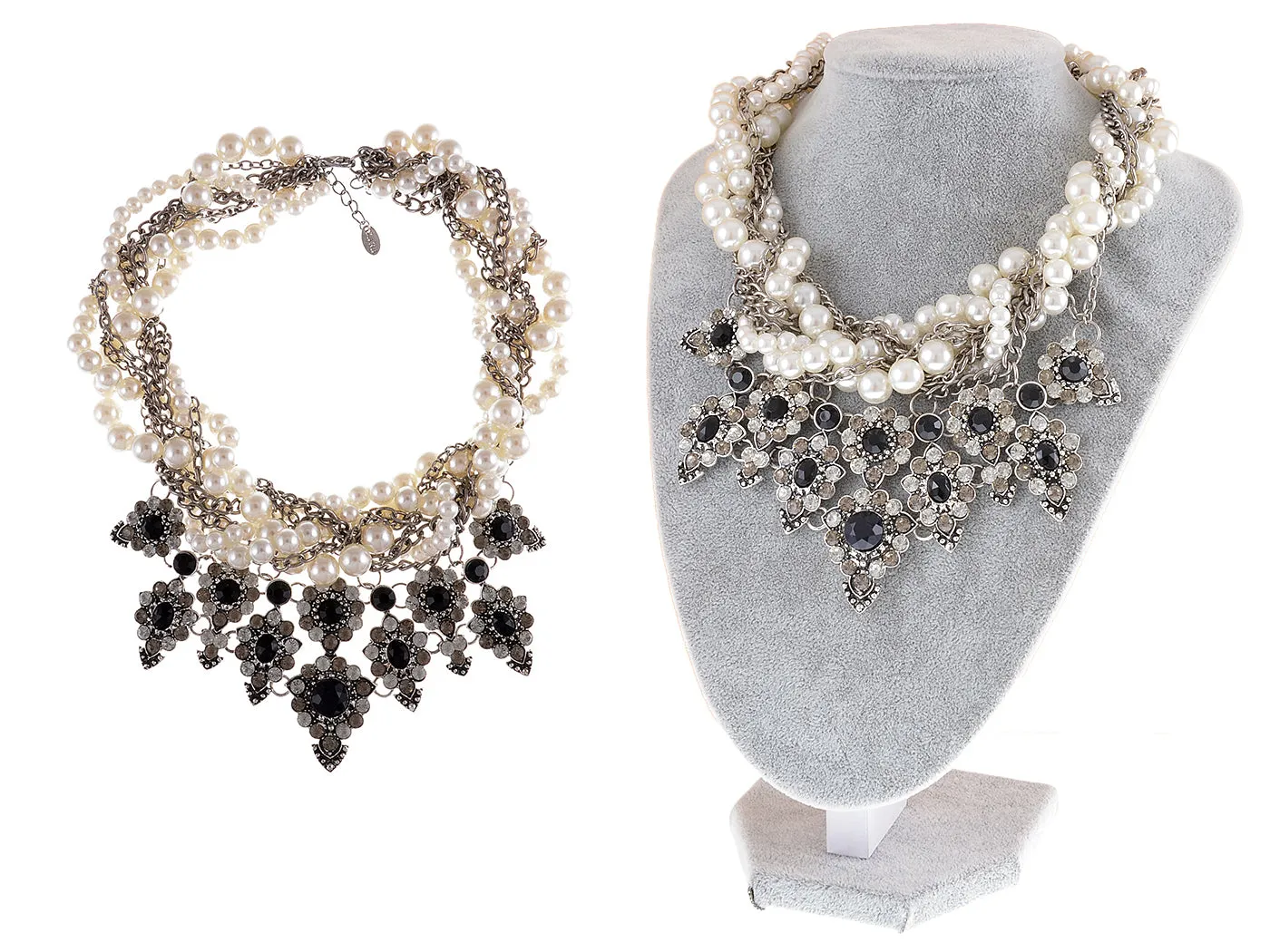 Faux Pearls Flower Pendent Chunky Bib Necklace