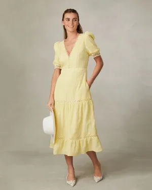 Fee G Dorothy Lemon Yellow Lace Insert Tiered Tea Dress
