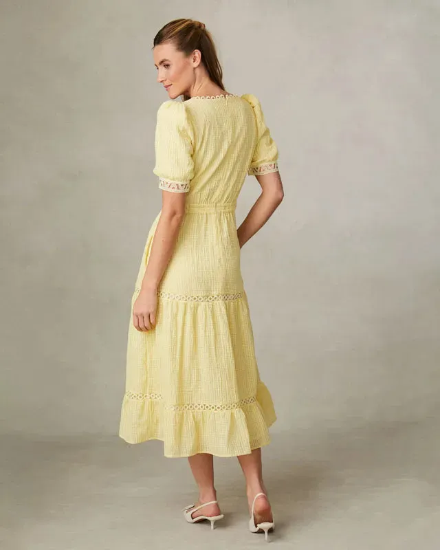 Fee G Dorothy Lemon Yellow Lace Insert Tiered Tea Dress