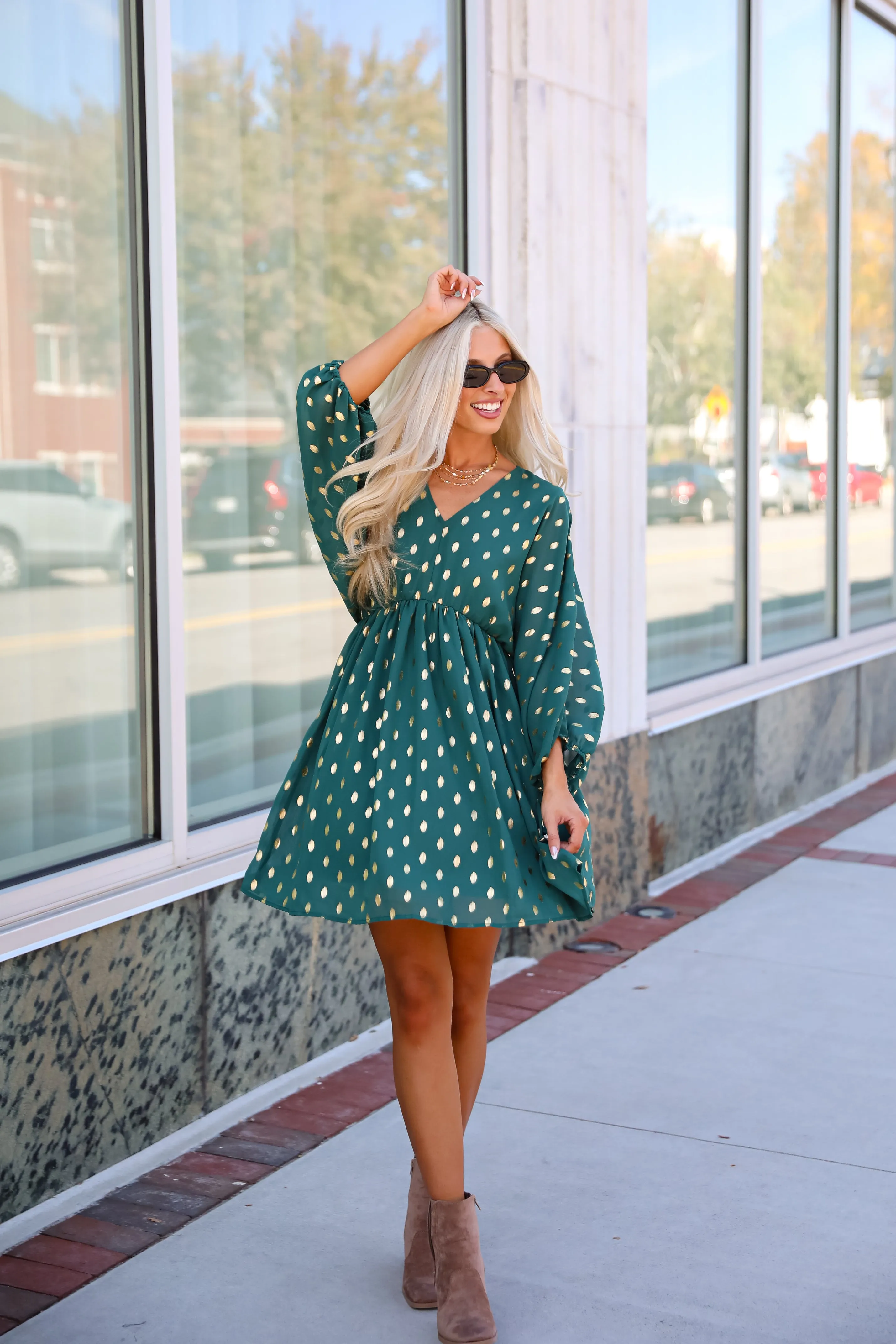 FINAL SALE - Gorgeous Favorite Hunter Green Dotted Babydoll Mini Dress