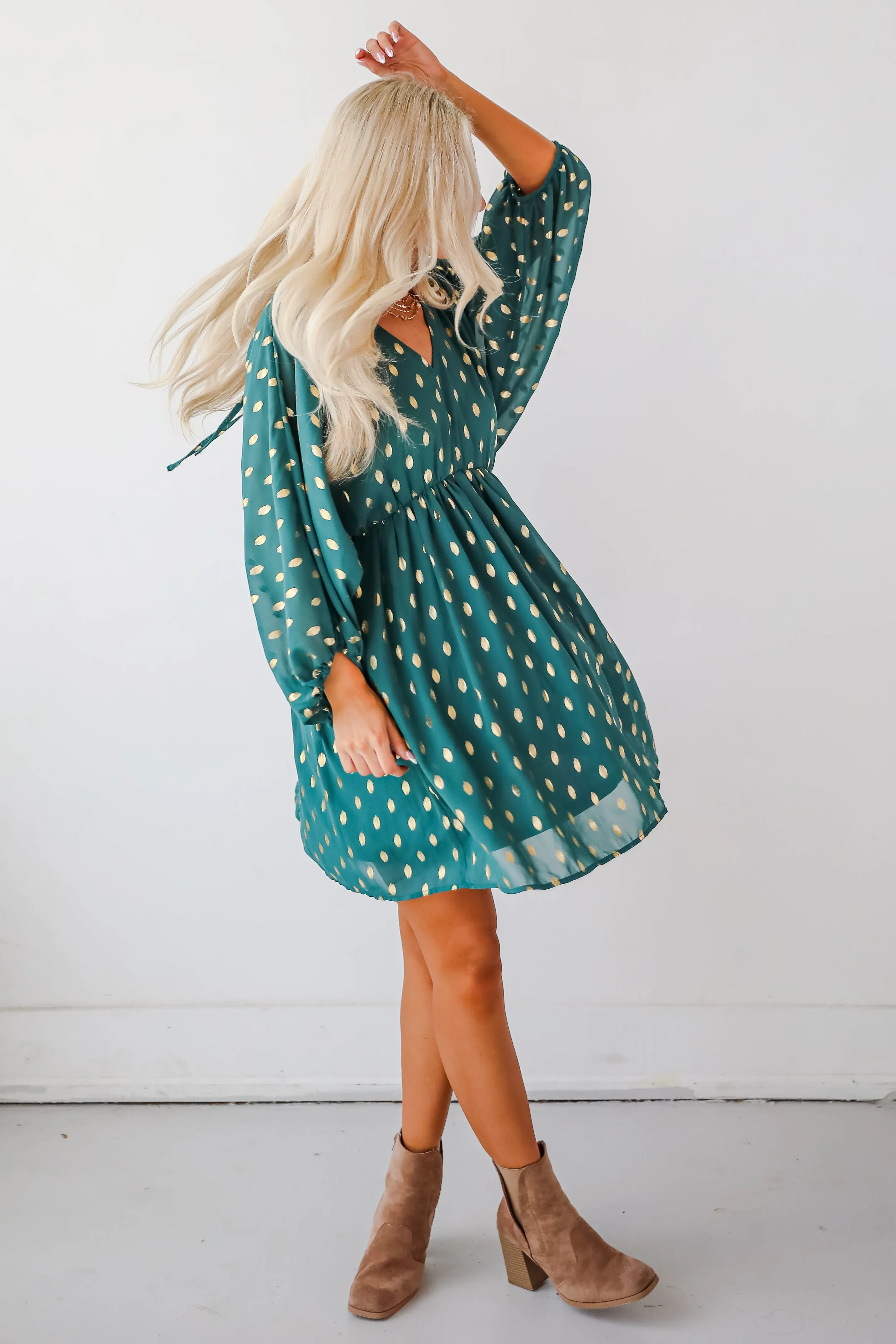 FINAL SALE - Gorgeous Favorite Hunter Green Dotted Babydoll Mini Dress