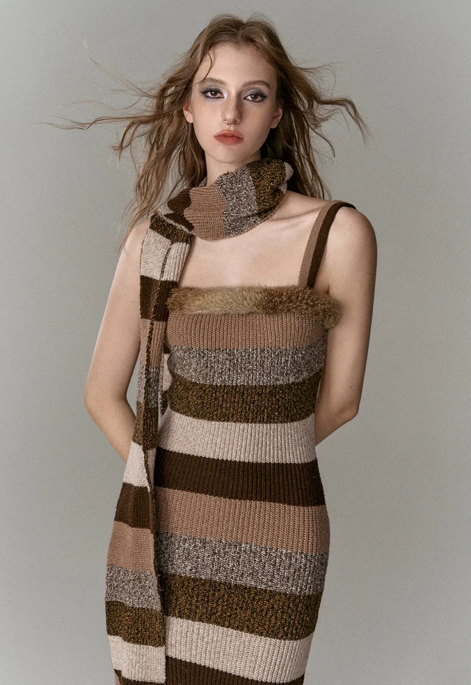Flat Strap Faux Fur Stripe Knit Midi Dress