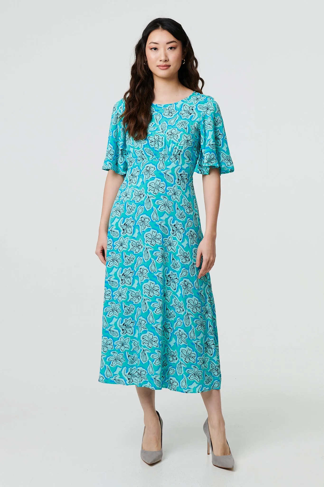 Floral 1/2 Flare Sleeve Midi Dress