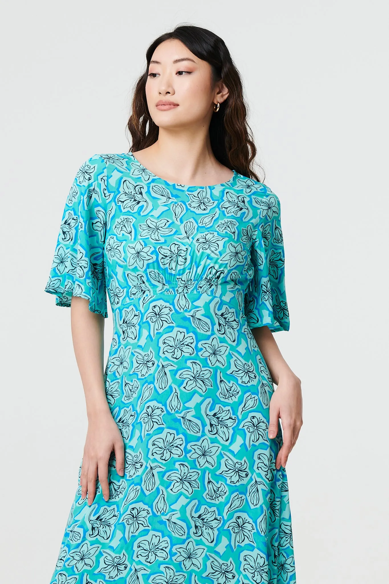 Floral 1/2 Flare Sleeve Midi Dress