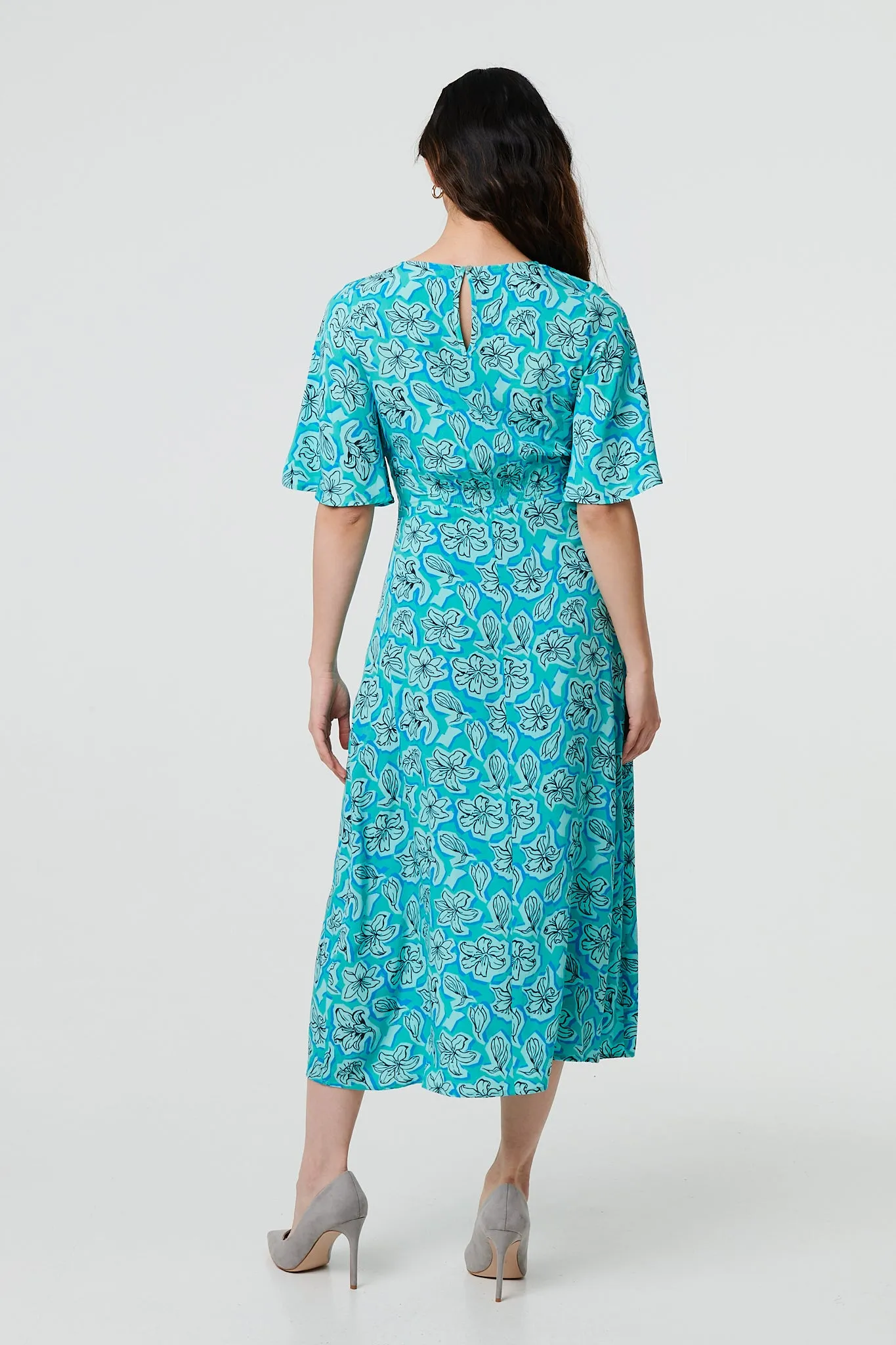 Floral 1/2 Flare Sleeve Midi Dress